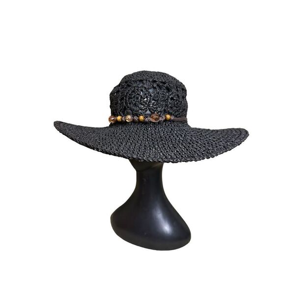 Scala Collection Womens Sun Hat Black Hand Crafted Woven Bead Bow Back One Size - Picture 2 of 8